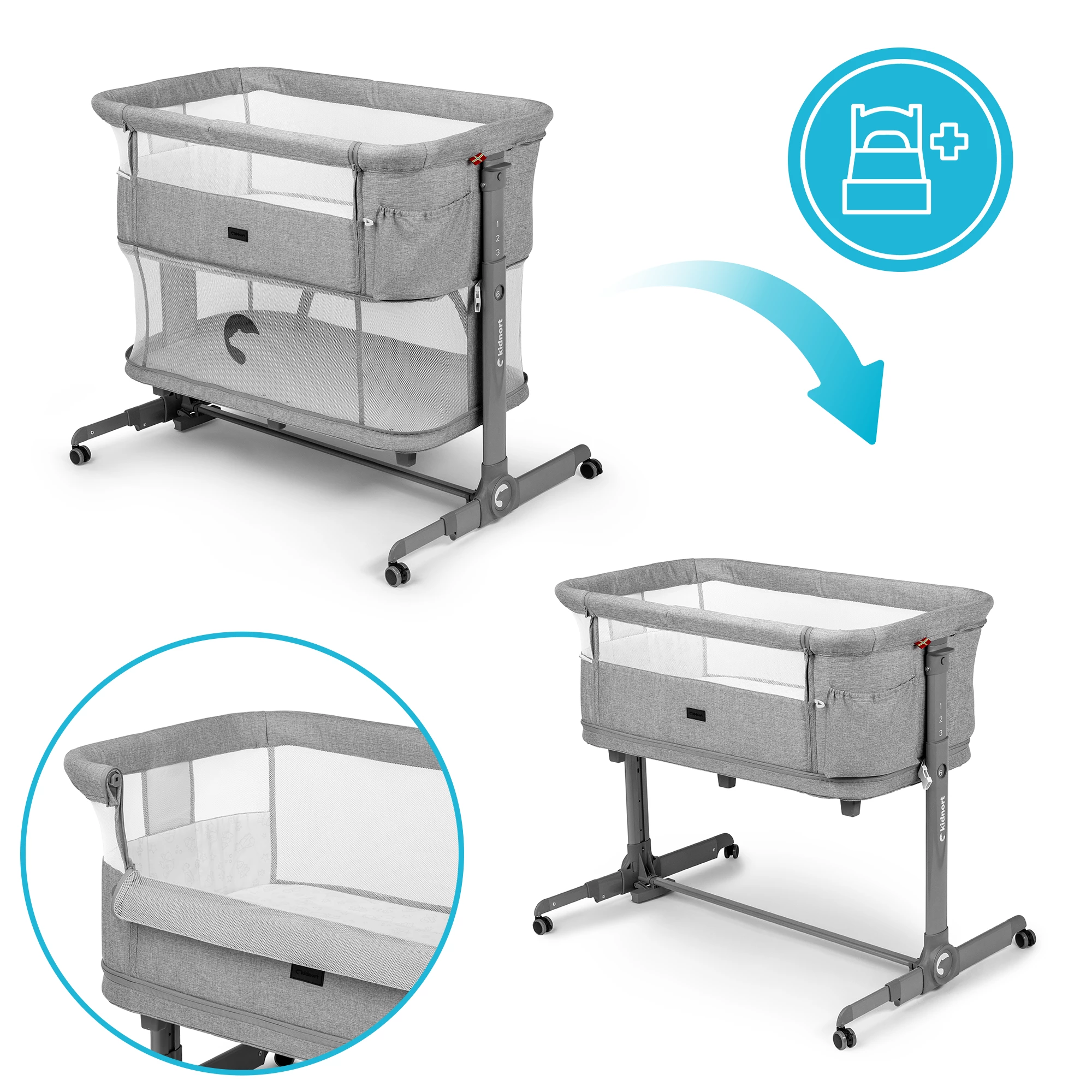 2Łóżeczko wielofunkcyjne, dostawne, 3w1 Snäckskal Unique Szare